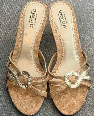 Seychelles Gold Metallic and Cork Strappy Kitten Heel Sandals Size 6